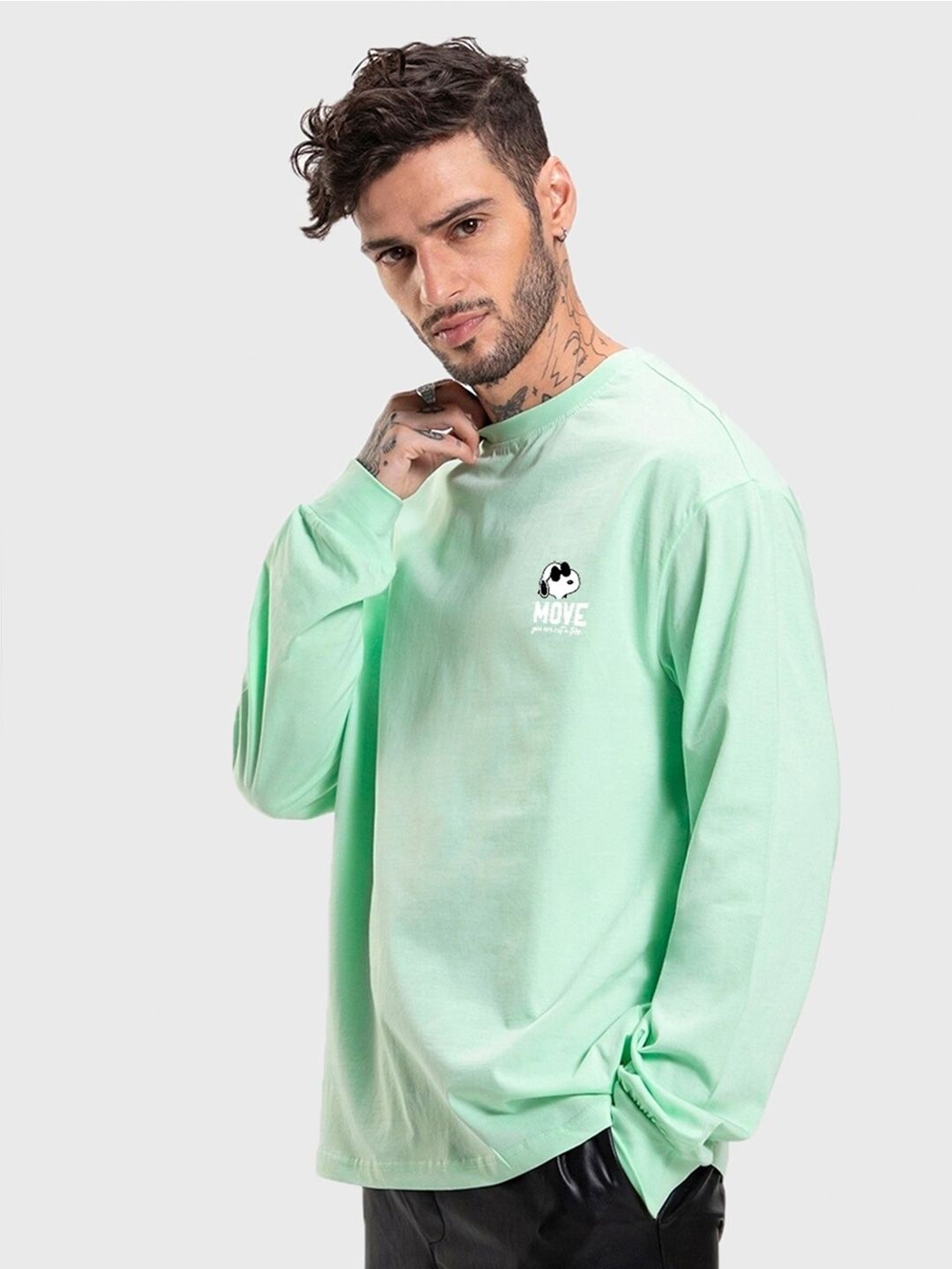 Bewakoof Green Graphic Printed Long Sleeves Pure Cotton Oversized T-Shirt