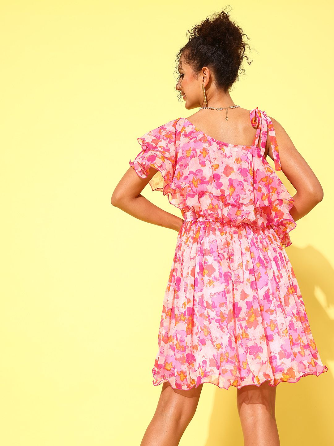 Antheaa Pink & White Print One Shoulder Flared Sleeve Ruffled Chiffon A-Line Dress