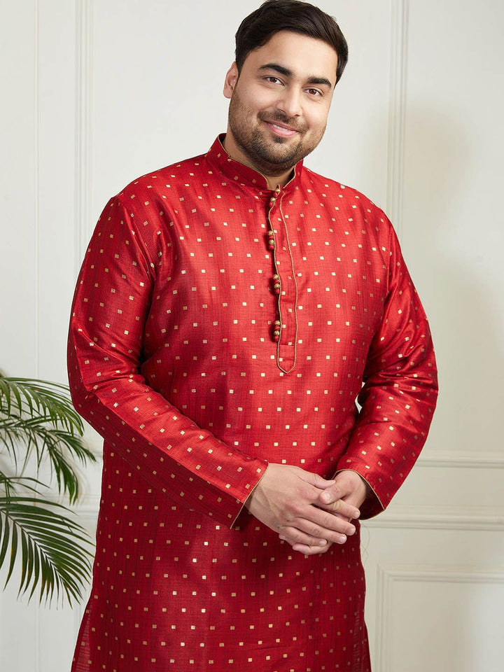 VASTRAMAY Men Plus Size Geometric Woven Design Mandarin Collar Jacquard Silk Kurta
