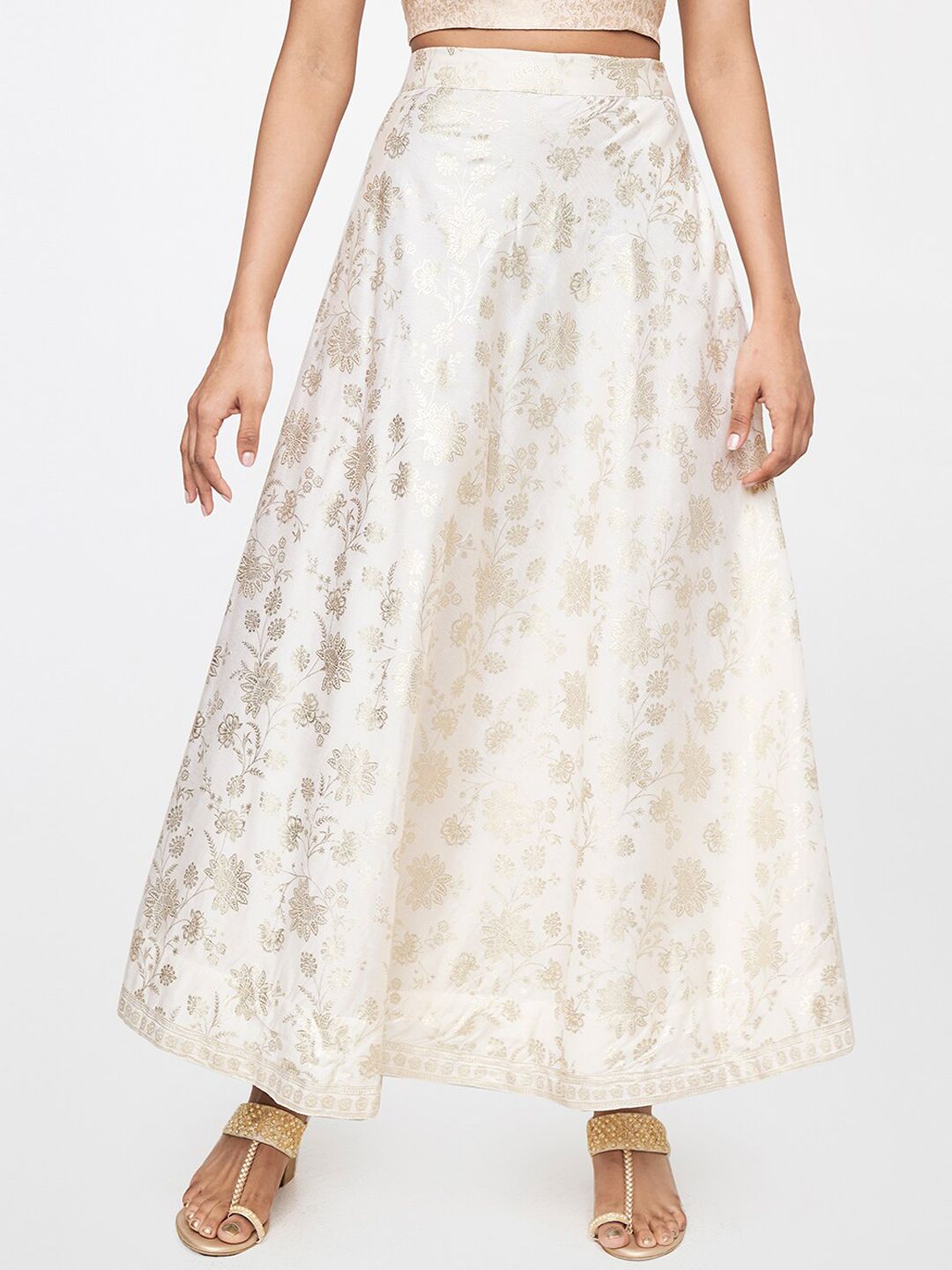 Global Desi Women Off White Gold-toned Printed Flared Maxi Skirt