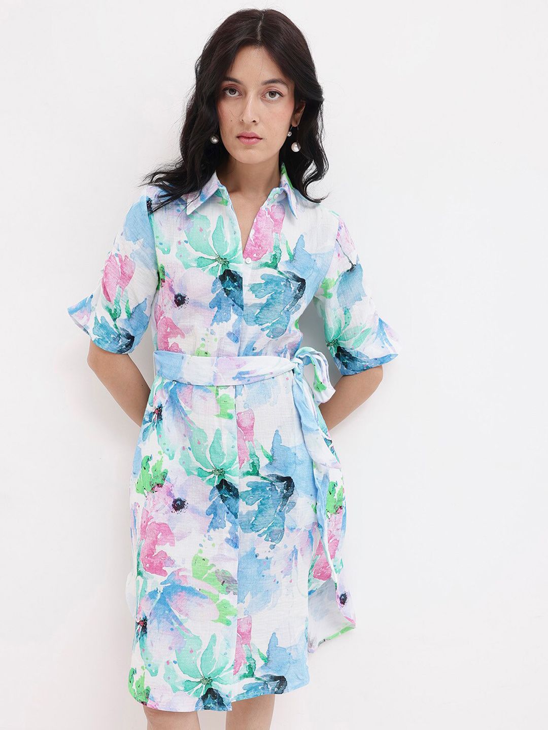 RAREISM Floral Print Knee Length Shirt Dress