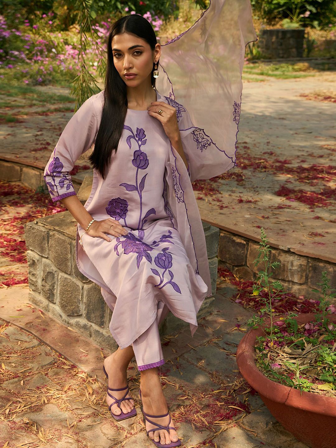 Indo Era Round Neck Floral Embroidered Kurta with Trouser & Dupatta