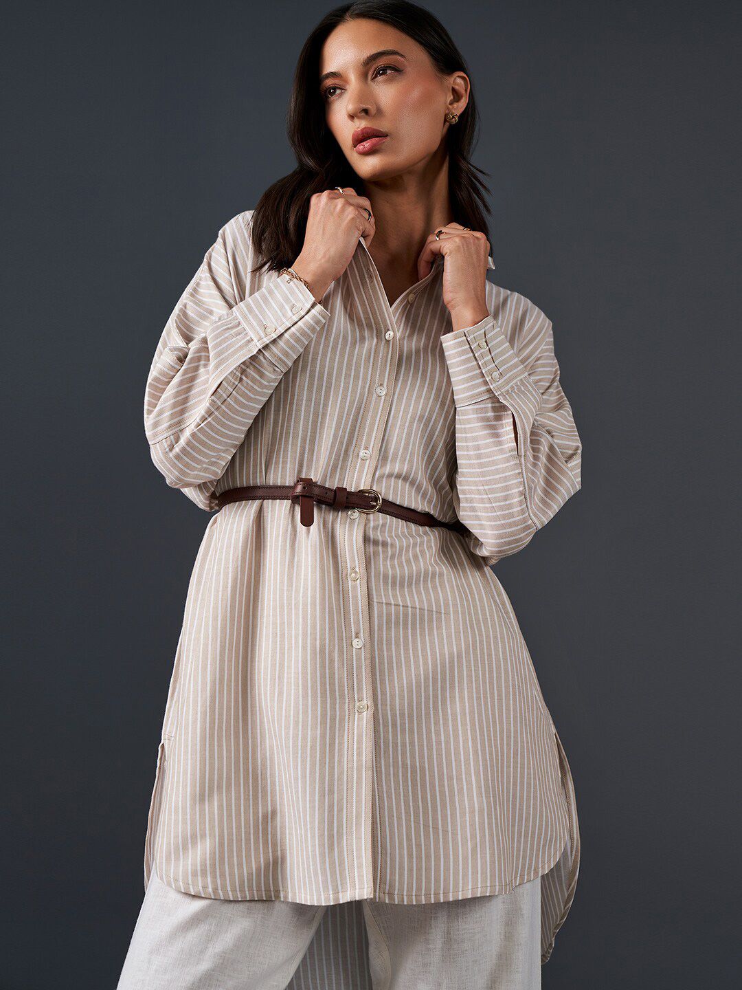 AND Striped Pure Cotton Longline Shirt Style Top