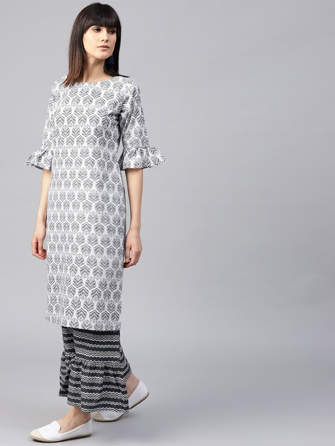 Gerua By Libas Women Grey White Printed Kurta with Palazzos