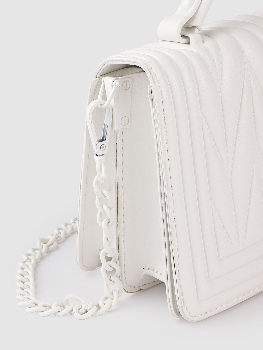 Lino Perros Women White Textured PU Structured Quilted Sling Bag