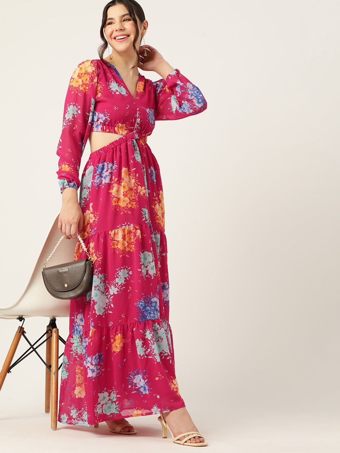 DressBerry Floral Print Cut-Outs Tiered Maxi Dress