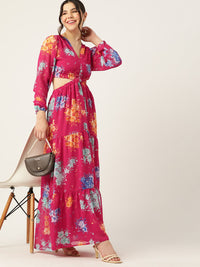 DressBerry Floral Print Cut-Outs Tiered Maxi Dress