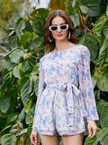 SASSAFRAS Floral Printed Boat Neck Long Sleeves Playsuit with Belt