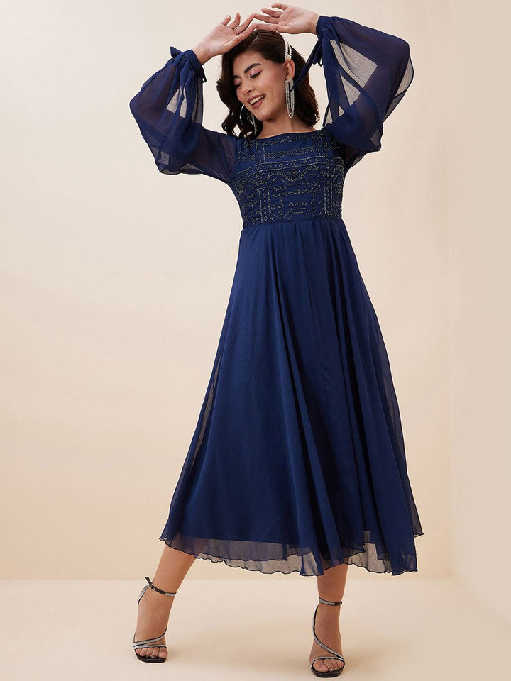 Antheaa Embellished Slit Sleeve Chiffon Fit & Flare Midi Dress