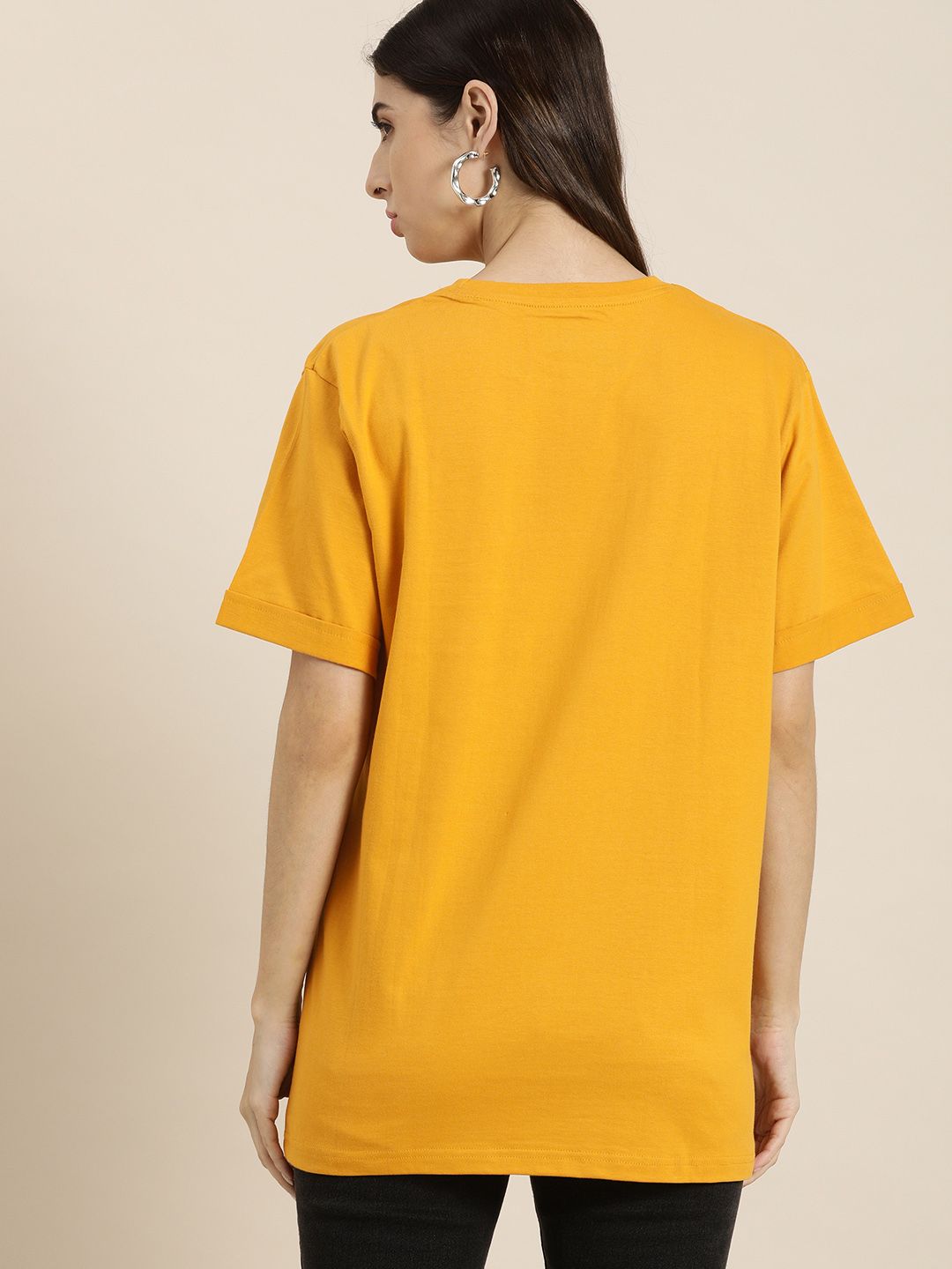 DILLINGER Women Mustard Yellow Typography Printed Drop-Shoulder Sleeves Oversized T-shirt