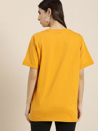 DILLINGER Women Mustard Yellow Typography Printed Drop-Shoulder Sleeves Oversized T-shirt