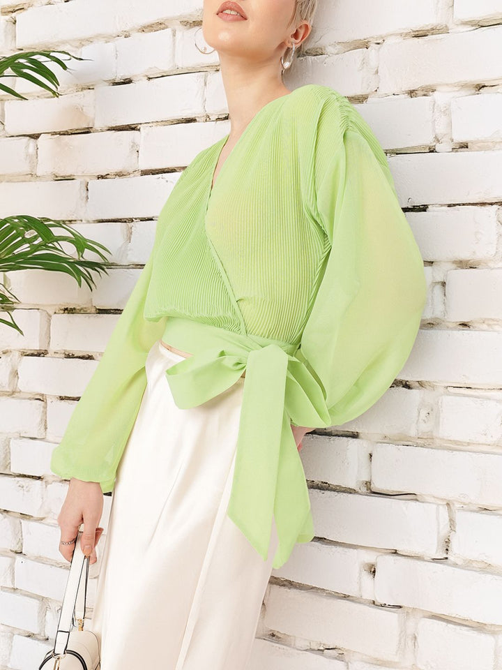 DressBerry Feminine Glam Accordion Pleats Drop Shoulder Wrap Top