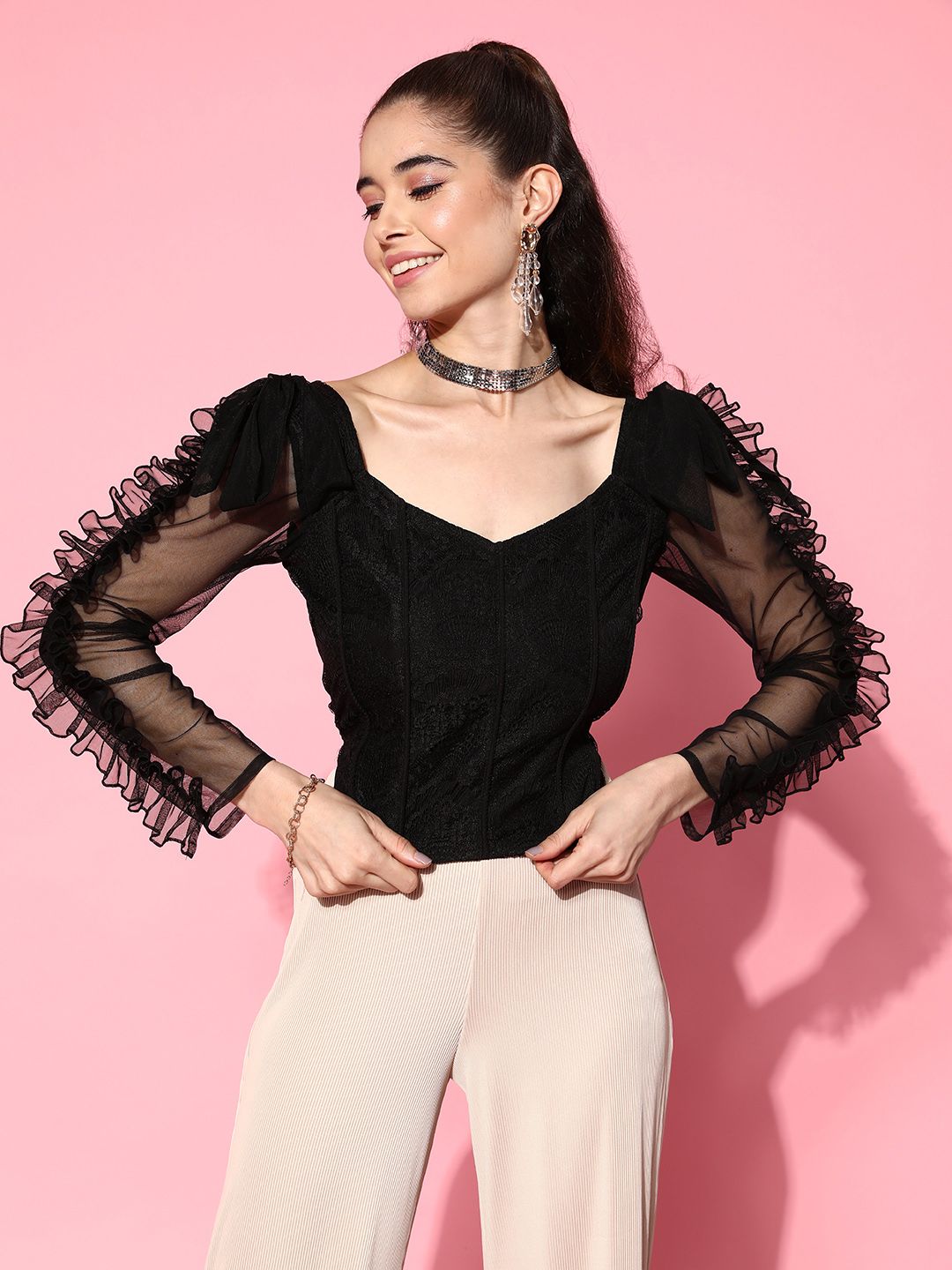 Antheaa Black Sweetheart Neck Net Top