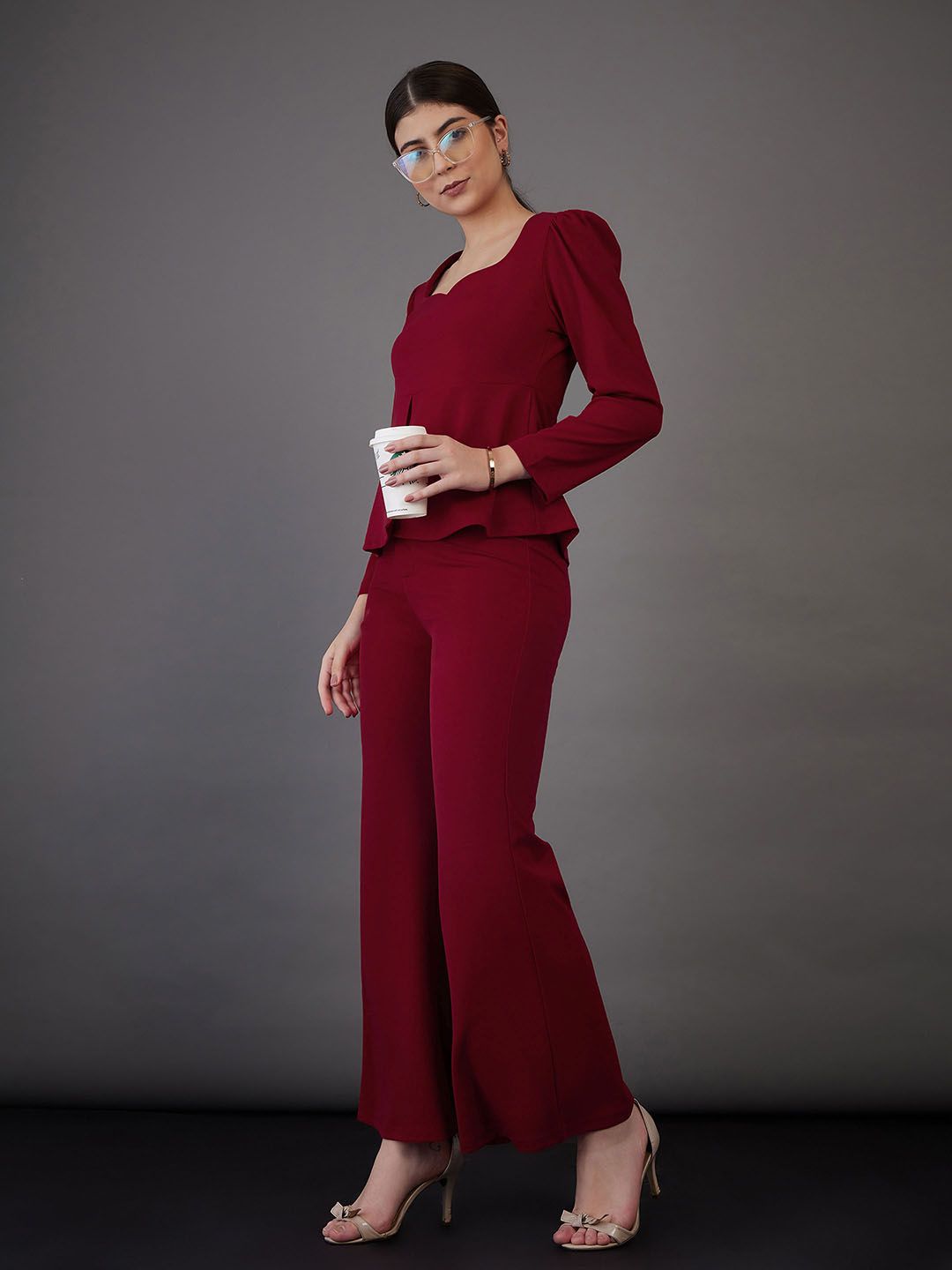 SASSAFRAS worklyf Sweetheart Neck Puff Sleeves Top With Bell Bottom Trousers