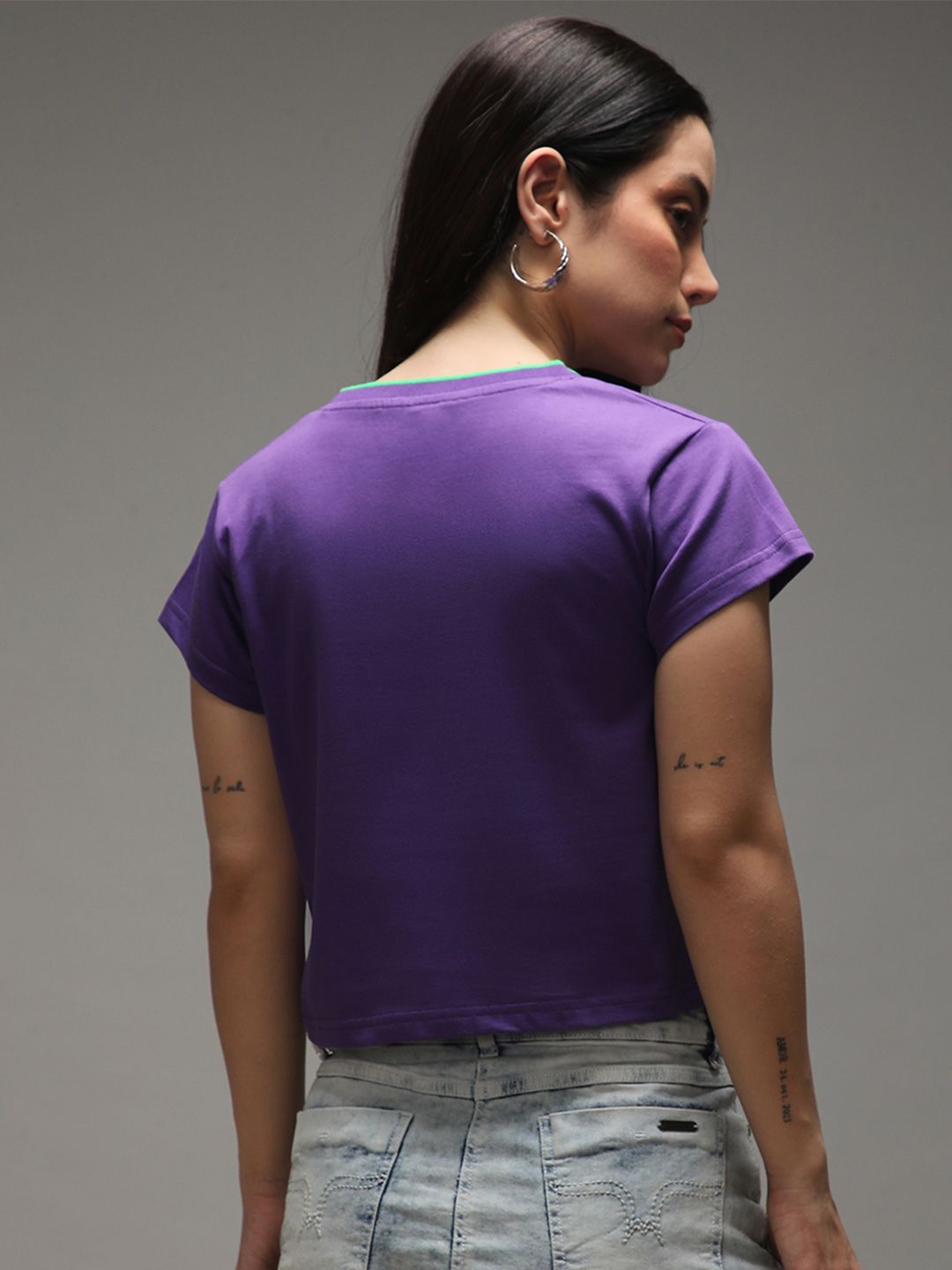 DILLINGER Women Regular Fit Cropped V-Neck Varsity Printed Tshirt