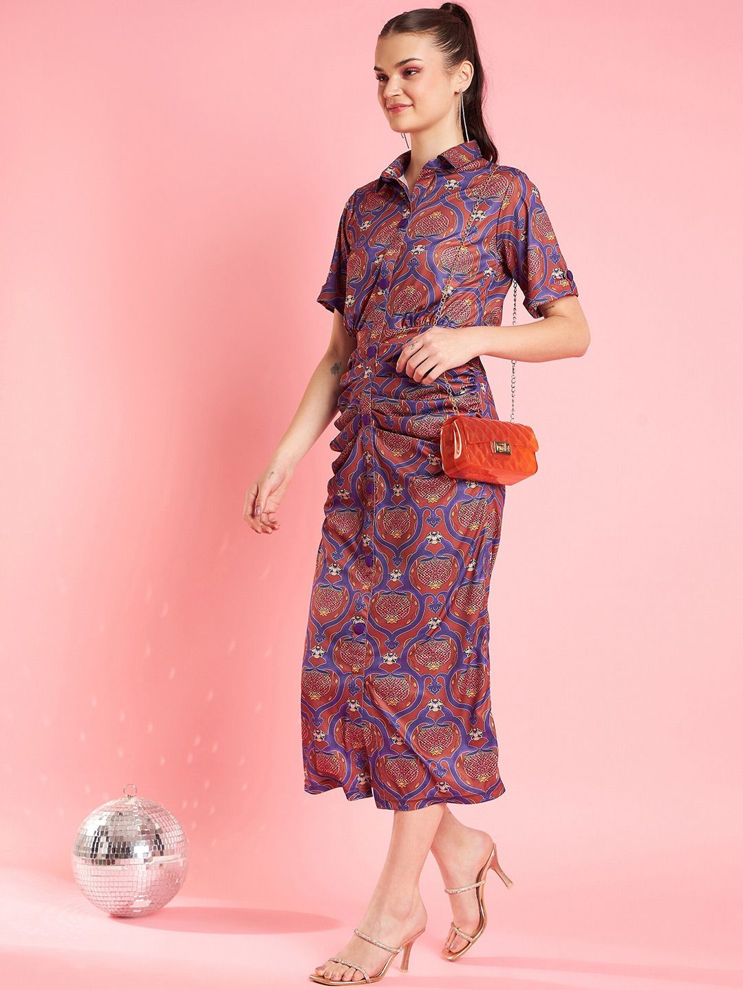 Antheaa Rust Printed Shirt Midi Dress