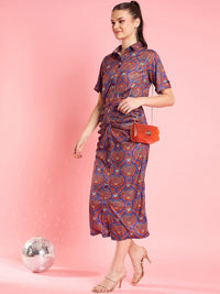 Antheaa Rust Printed Shirt Midi Dress