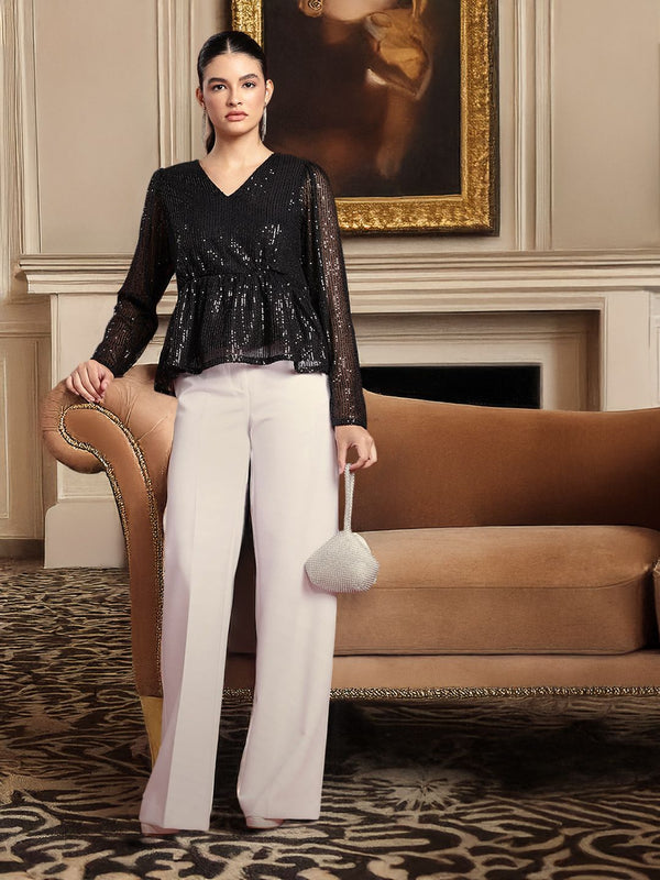 all about you Sequinned Stripes Embellished V-Neck Gathered or Pleated Party Top