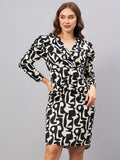 Antheaa Black & Off White Abstract Printed V-Neck Gathered Sheath Dress