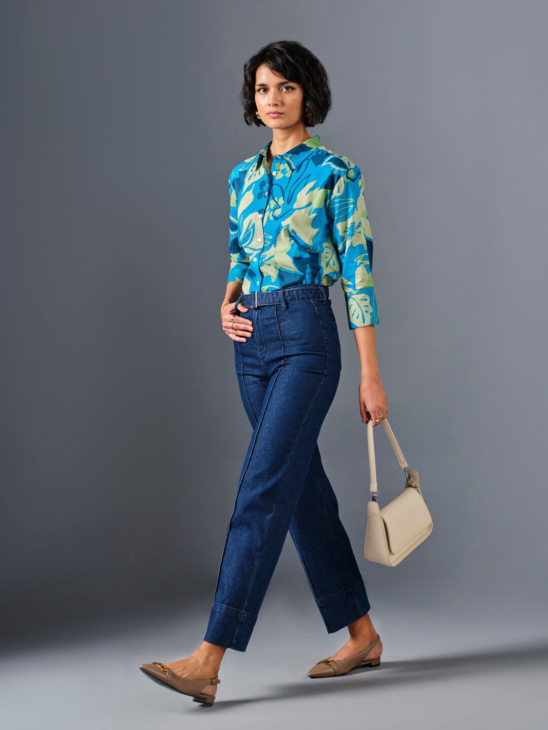 AND Floral Printed Shirt Collar Cuffed Sleeves Pure Cotton Shirt Style Top