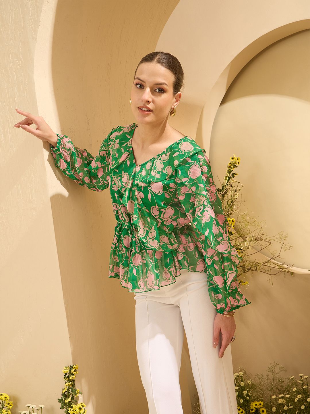 Antheaa Floral Printed Ruffles Detail V-Neck Puff Sleeves Peplum Top