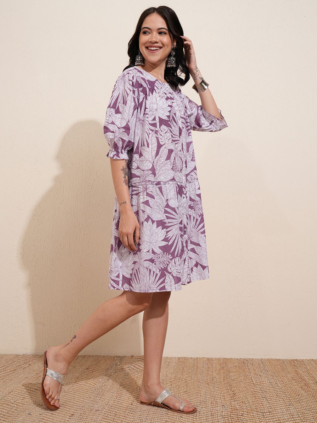 Vishudh Floral Printed Puff Sleeves A-Line Dress