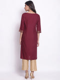 W Women Maroon Floral Printed Keyhole Neck Kurta