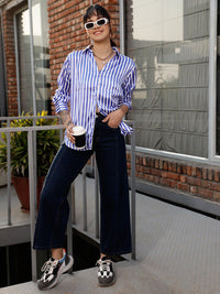 STREET 9 Blue & White Premium Opaque Striped Casual Shirt