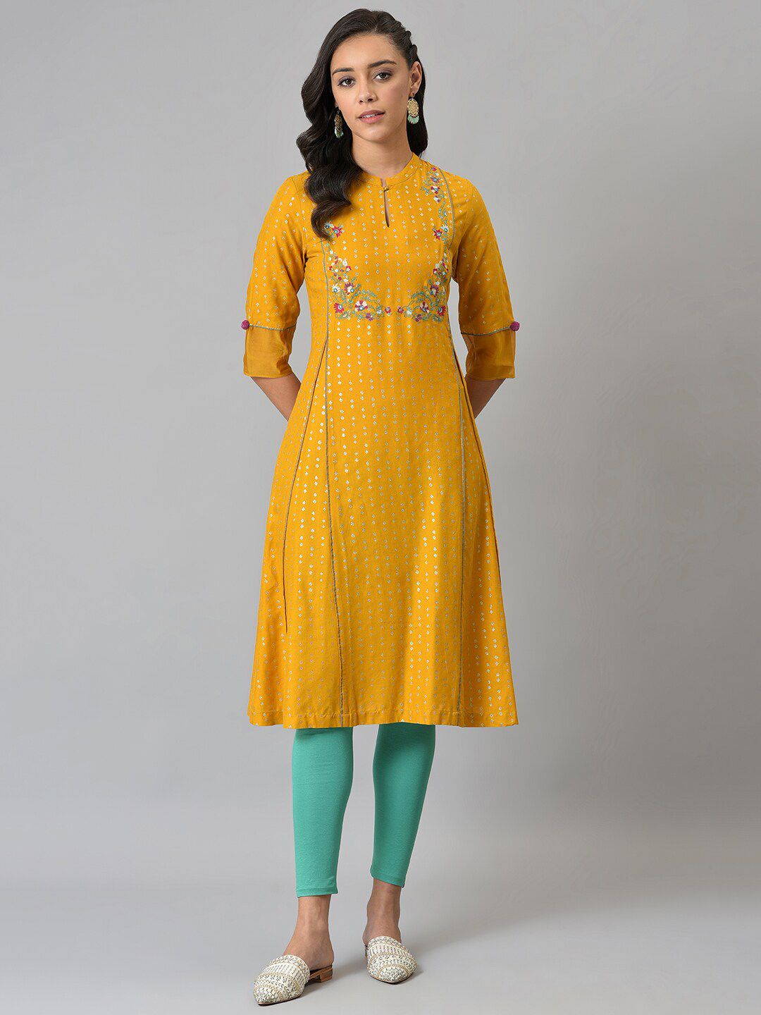 W Women Yellow & Turquoise Blue Floral Printed Thread Work Kurta