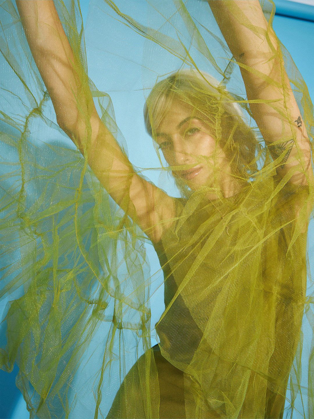 SASSAFRAS Green Bell Sleeve Net Sheath Mini Dress