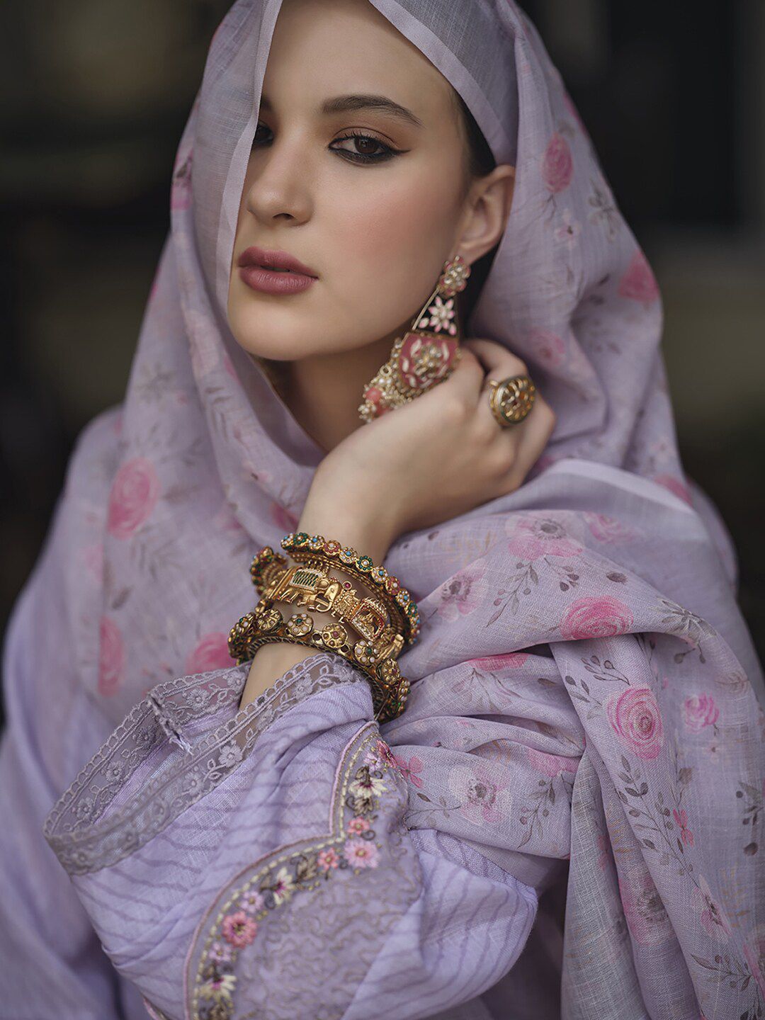 Indo Era Lavender & Pink Floral Embroidered Thread Work Linen Kurta Set