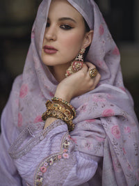 Indo Era Lavender & Pink Floral Embroidered Thread Work Linen Kurta Set