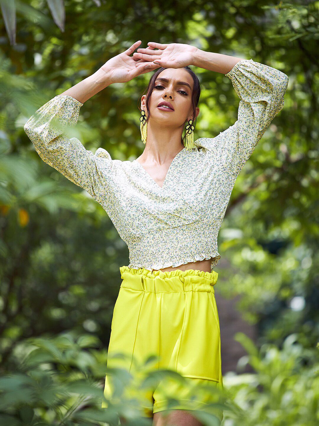 Athena Women Yellow Floral Print Smoked Detail Peplum Top