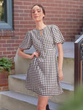 DressBerry Checked Tie-Up Neck Flared Sleeve Sheath Mini Dress