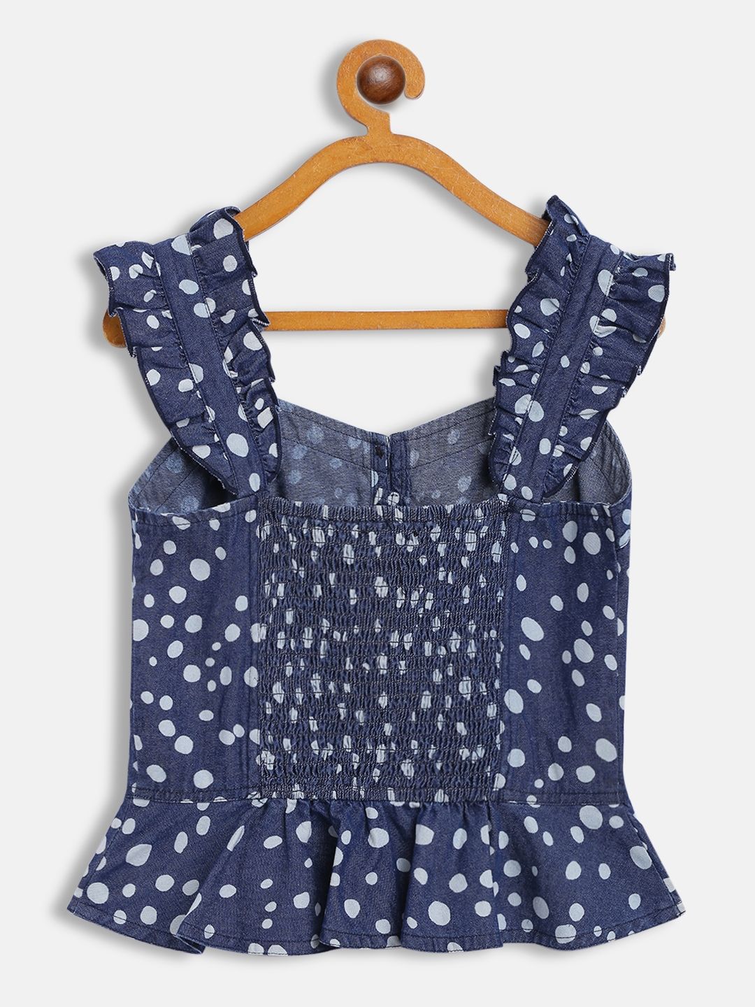 Antheaa Navy Blue & White Printed Smocked Denim Top