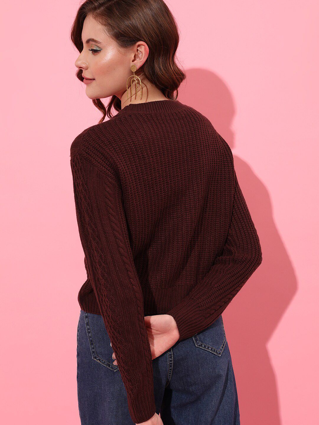 STREET 9 Women Burgundy Cable Knit Pullover Sweater