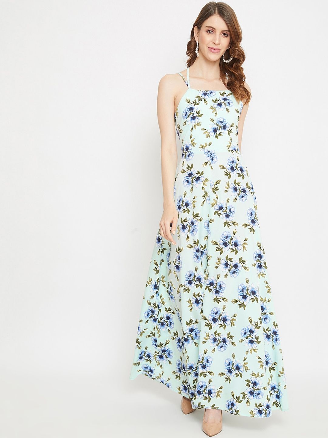 Berrylush Women Green Floral Crepe Maxi Dress