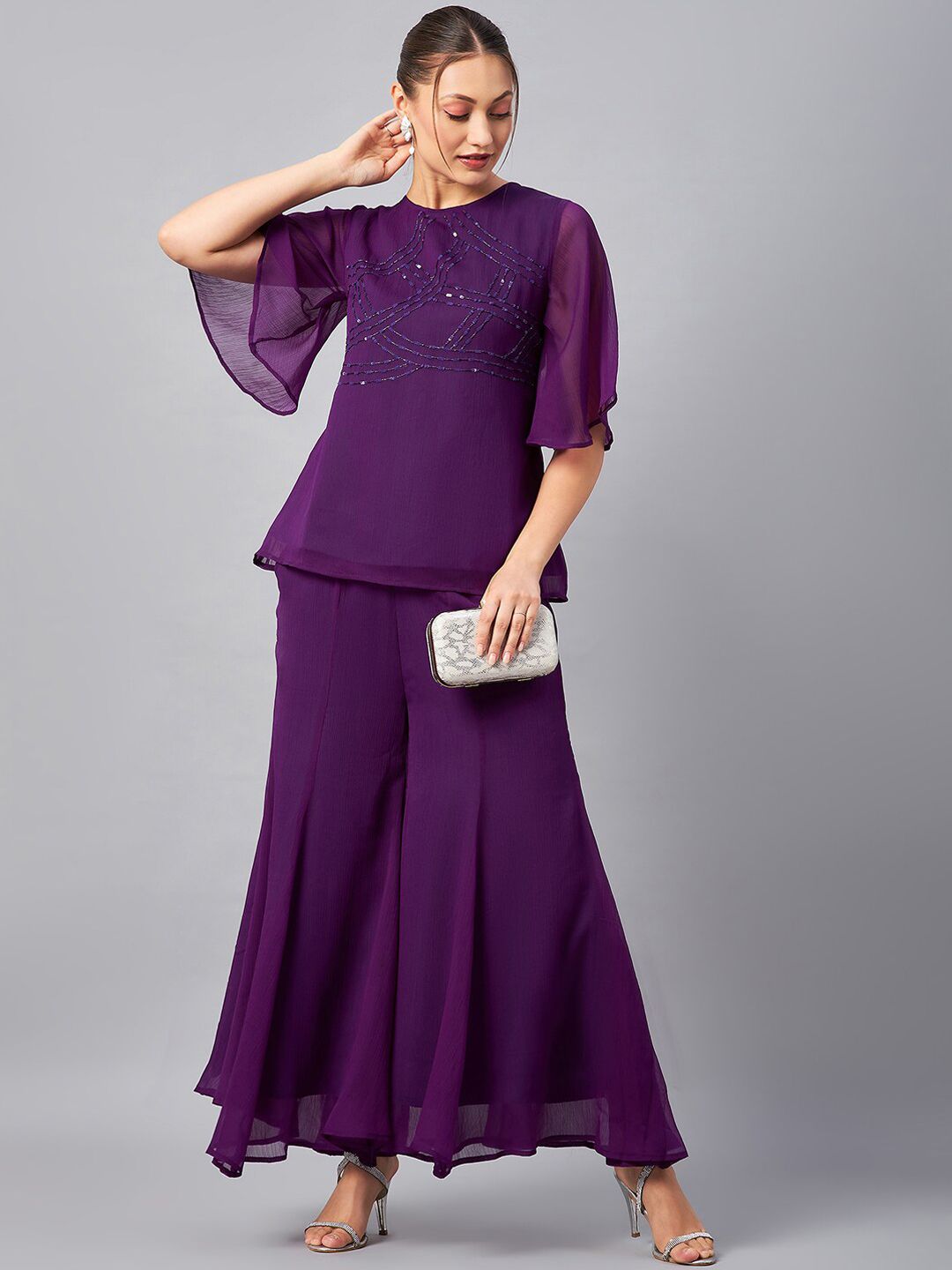 Antheaa Sequin Embroidered Top With Palazzo Co-Ords