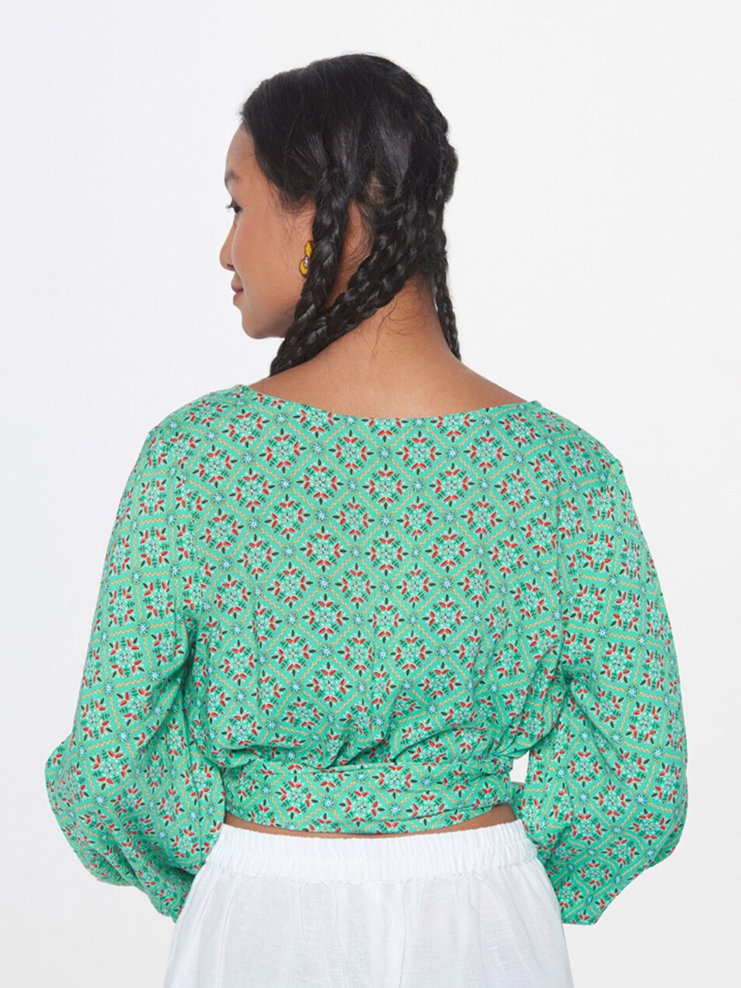 Global Desi Floral Print Puff Sleeve Crop Top