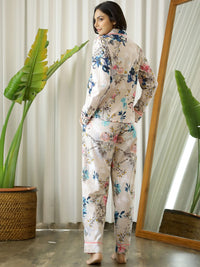 SANSKRUTIHOMES Women Beige & Blue Printed Pure Cotton Night suit