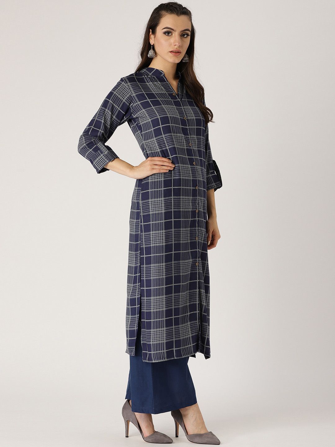 Libas Women Purple & Grey Checked Straight Kurta