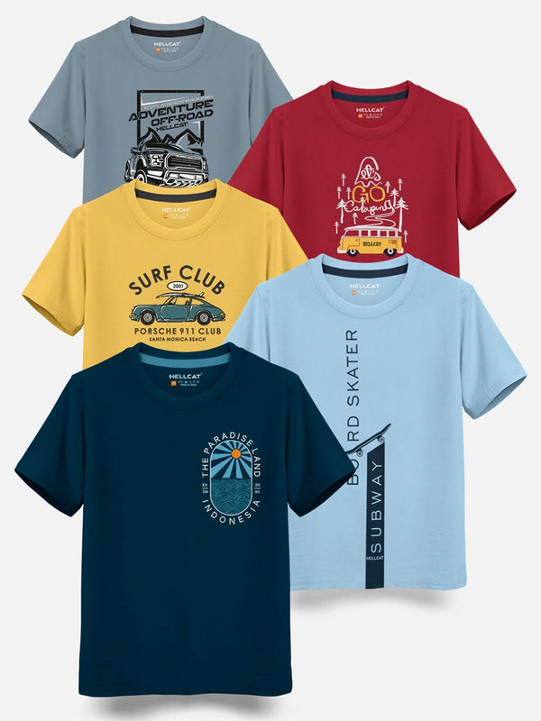 HELLCAT Boys Pack of 5 Printed Cotton T-shirts