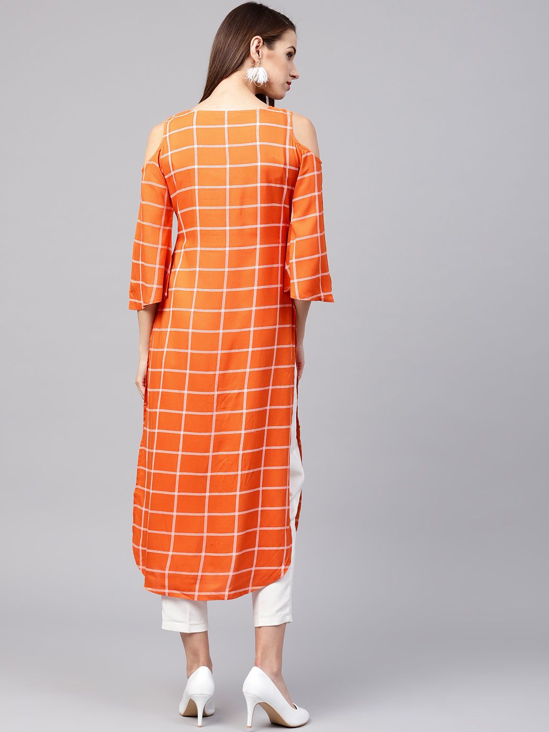Gerua By Libas Women Orange White Checked Straight Kurta
