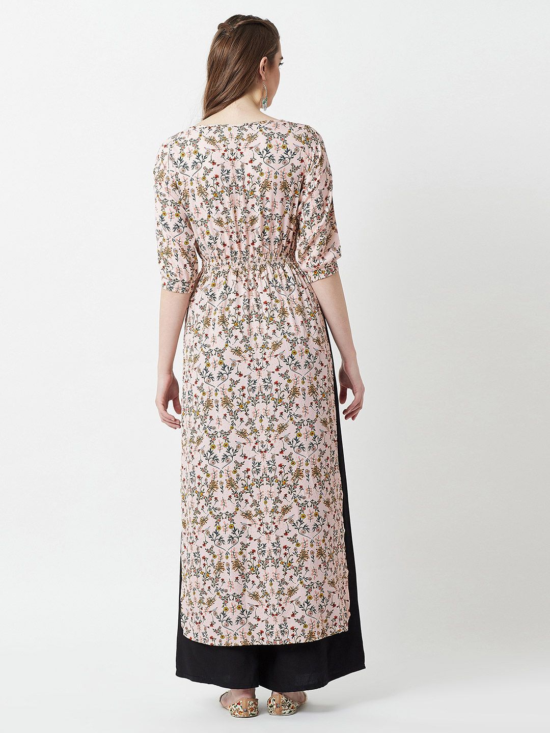 Miss Chase Pink Floral Printed Tie-up Neck Crepe Maxi Longline Top