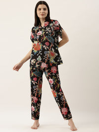 SANSKRUTIHOMES Women Black & Pink Printed Night suit