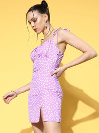 Berrylush Purple & White Printed Crepe Bodycon Mini Dress With Shoulder Tie-Ups