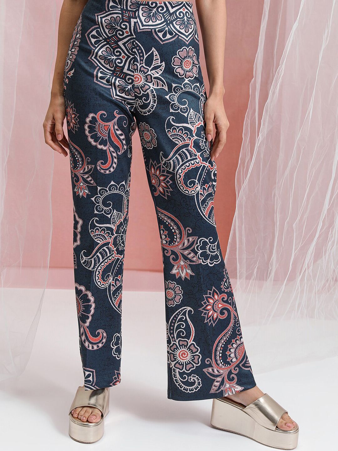 Vishudh Blue Printed High Neck Tunic With Flared Trouser