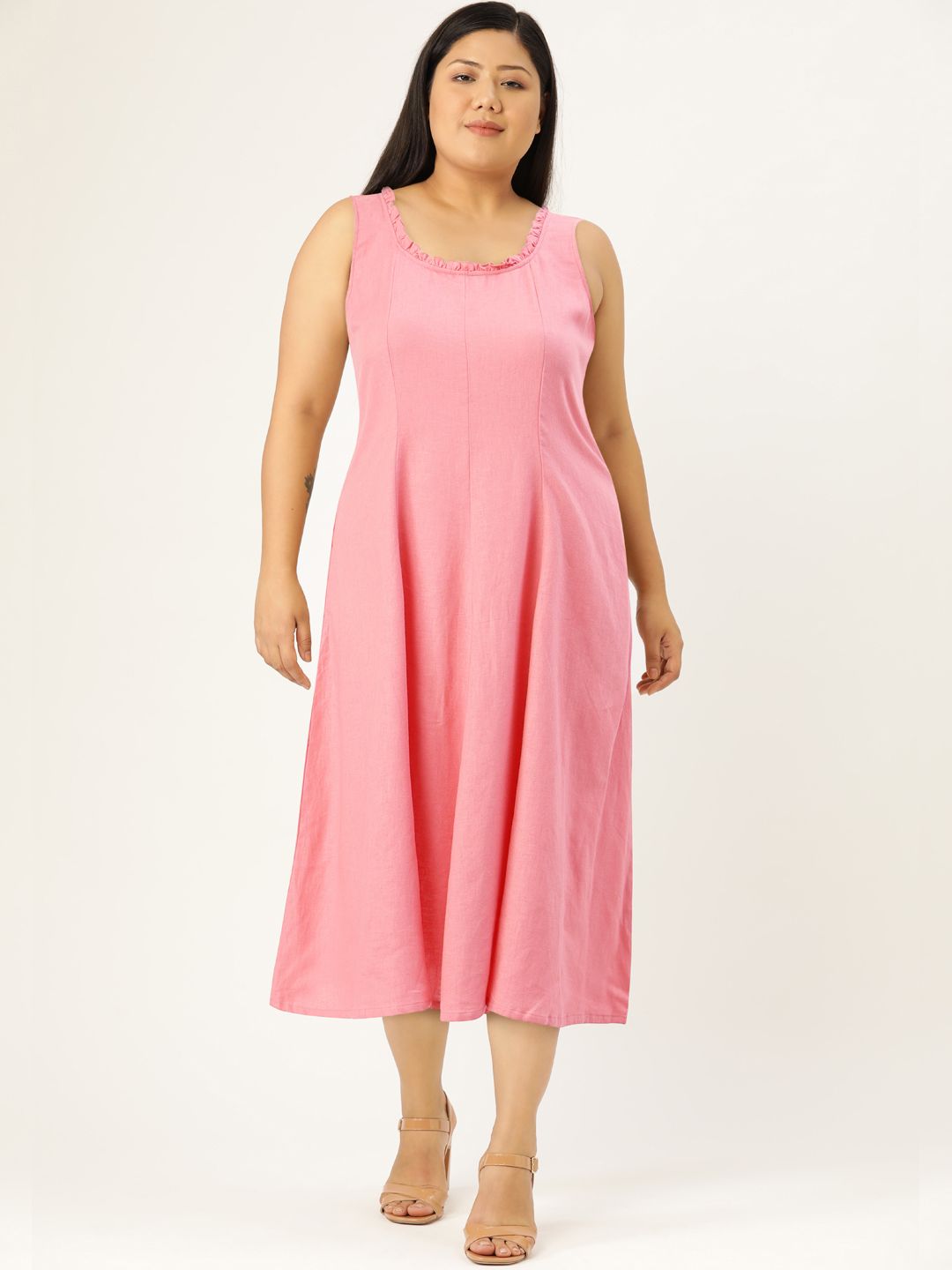 AND Round Neck Tie Up Linen A-Line Midi Dress