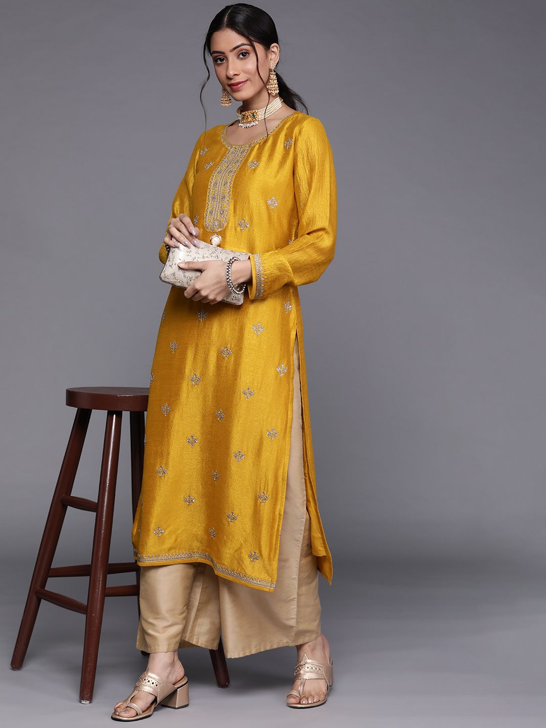 Libas Women Yellow Floral Motifs Sequins Work Kurta