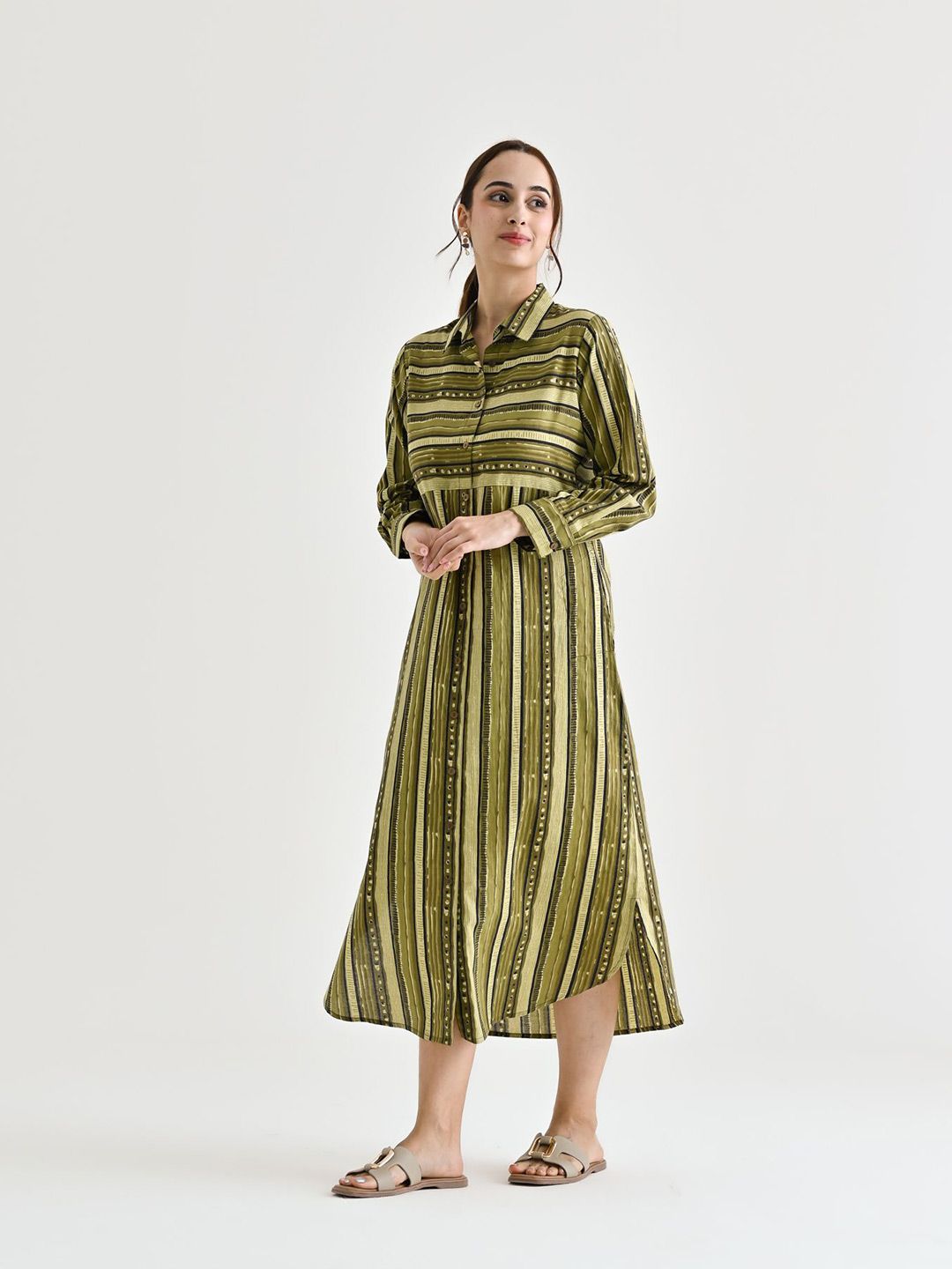 Rustorange  Women Striped Cotton Shirt Collar Shirt Midi Dress